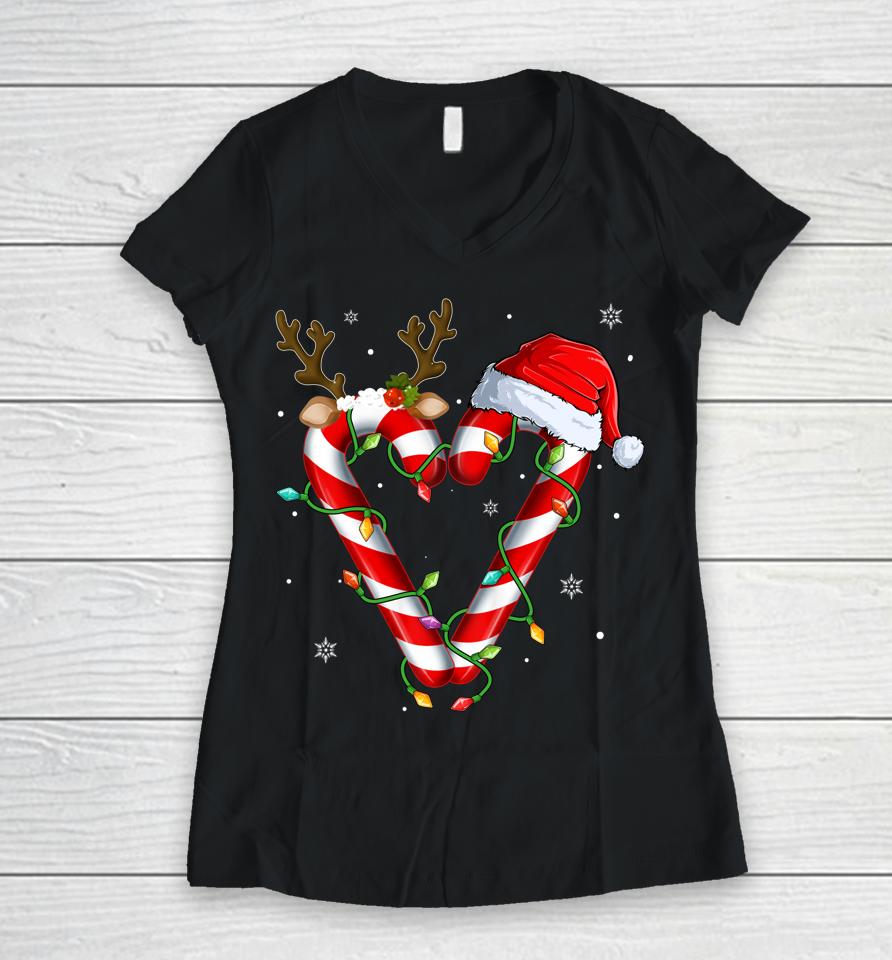 Candy Cane Crew Santa Christmas Lights Xmas Women V-Neck T-Shirt