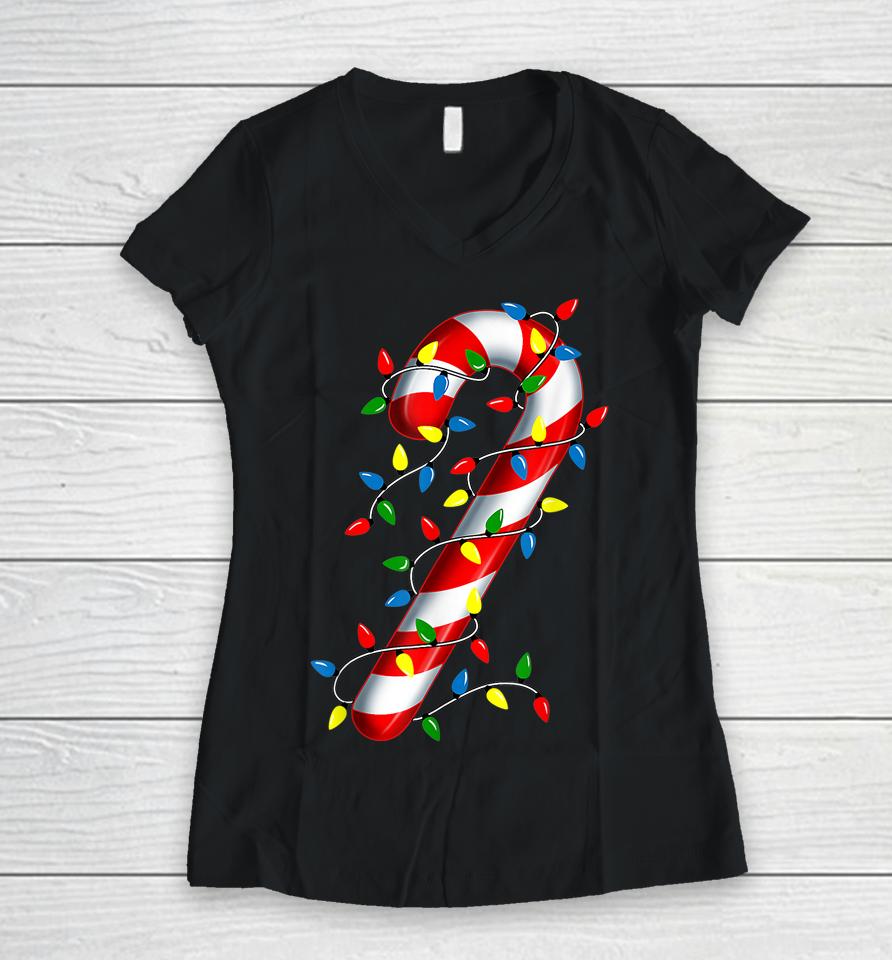 Candy Cane Merry And Bright Christmas Lights Candy Costume Women V-Neck T-Shirt