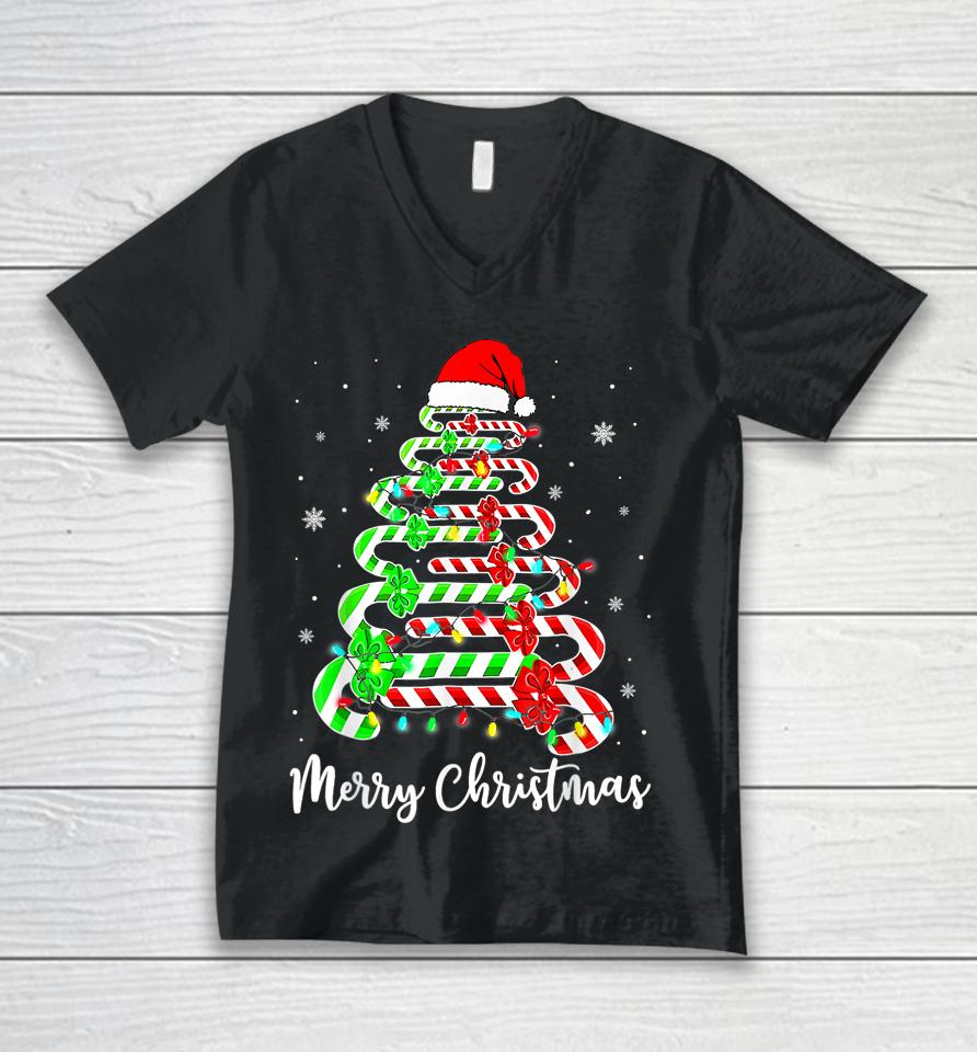 Candy Cane Santa Hat Funny Xmas Tree Merry Christmas Y'all Unisex V-Neck T-Shirt