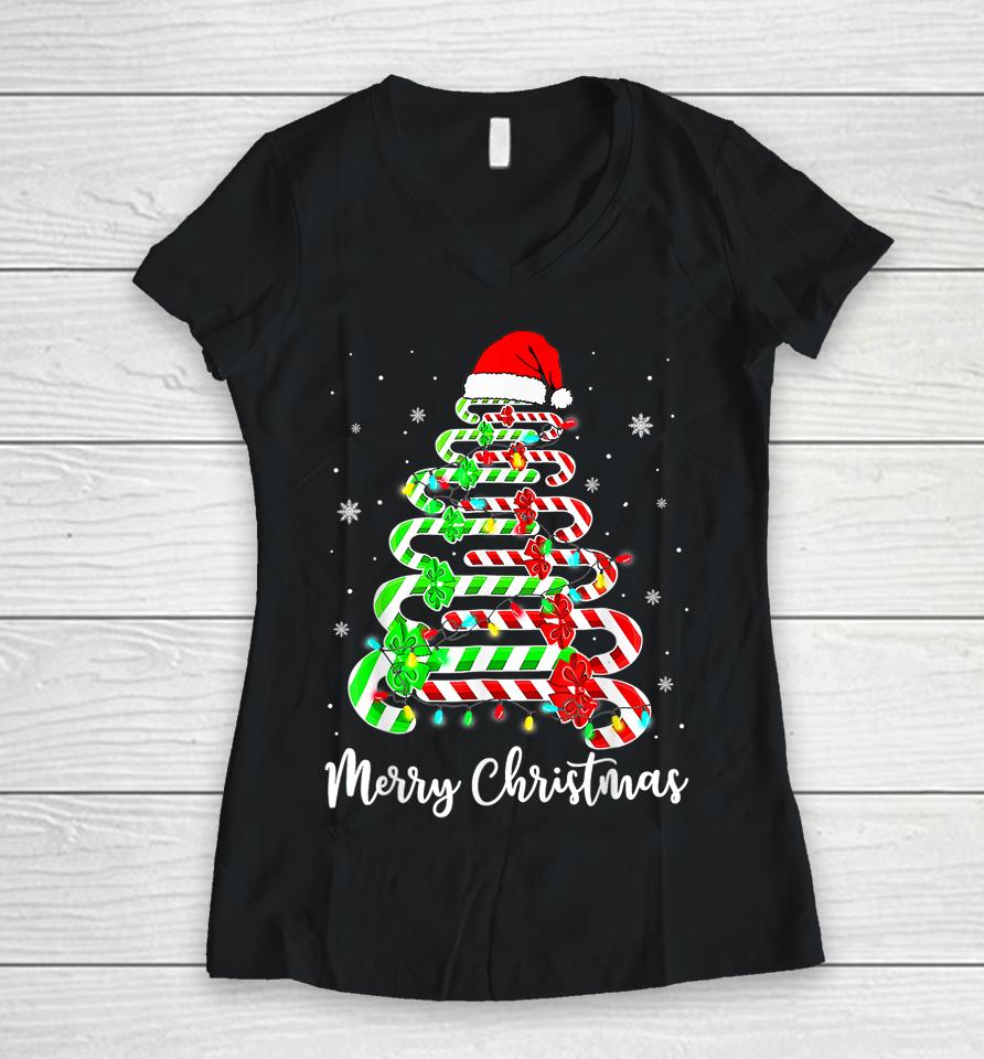 Candy Cane Santa Hat Funny Xmas Tree Merry Christmas Y'all Women V-Neck T-Shirt