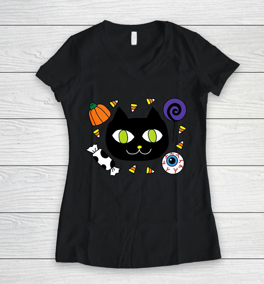 Candy Cat Halloween Women V-Neck T-Shirt