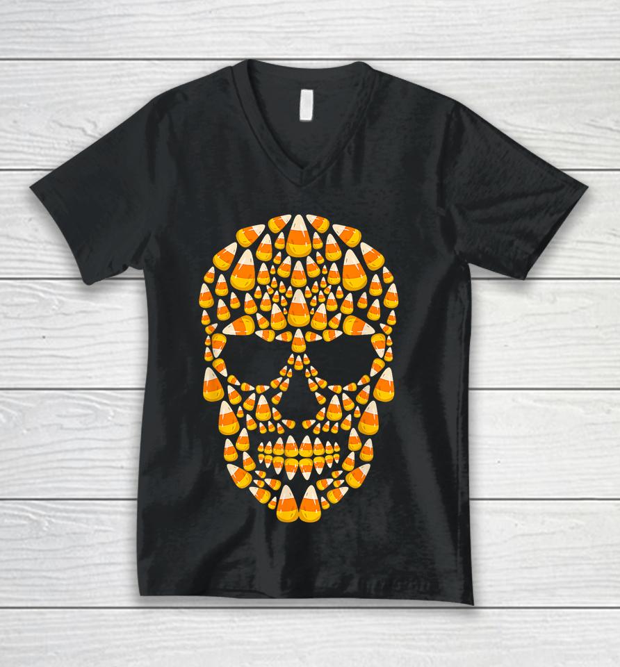 Candy Corn Skull Skeleton Halloween Unisex V-Neck T-Shirt