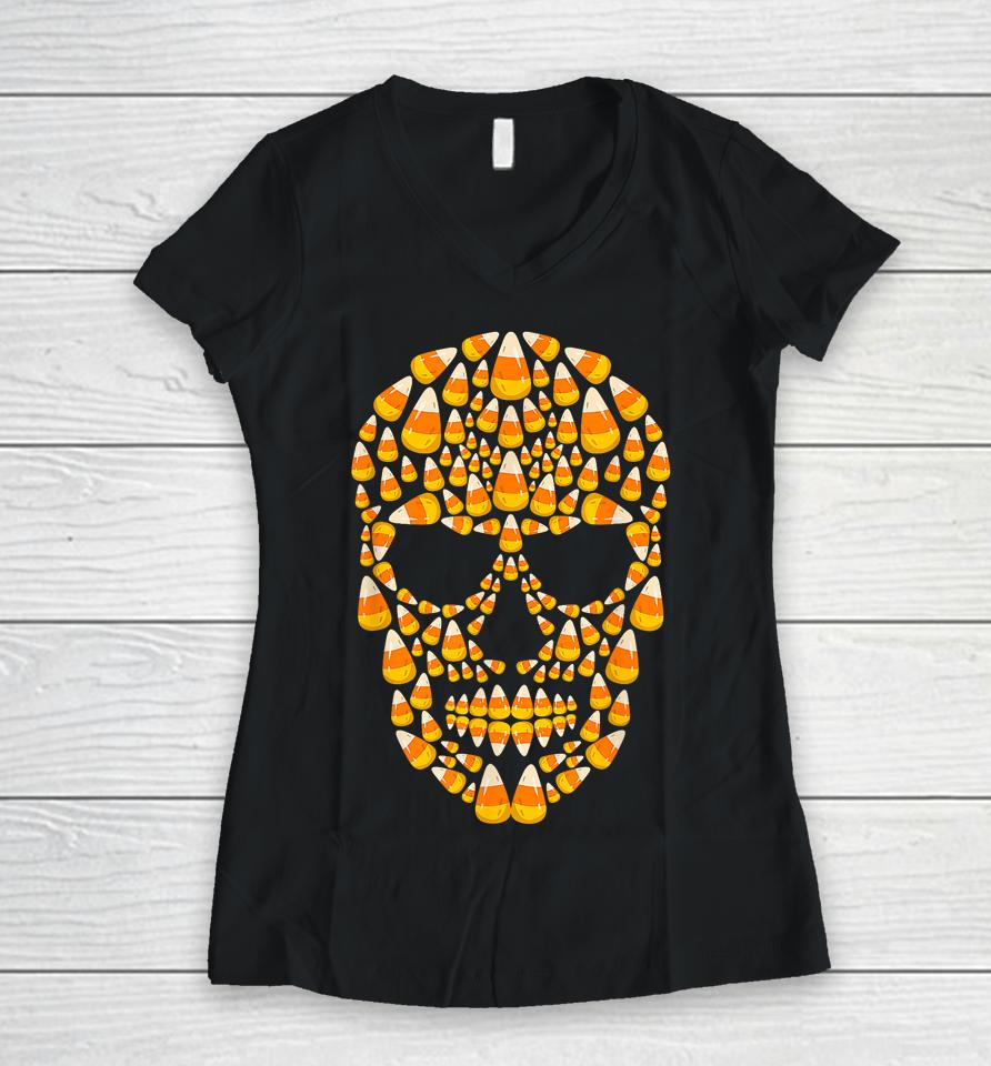 Candy Corn Skull Skeleton Halloween Women V-Neck T-Shirt
