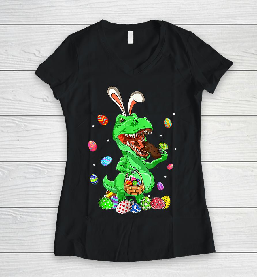 Candy Saurus Bunny Dinosaur Eating Chocolate Easter Candy Women V-Neck T-Shirt