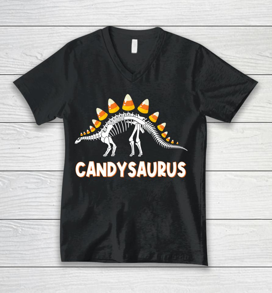 Candysaurus Candy Corn Dinosaur Halloween Unisex V-Neck T-Shirt