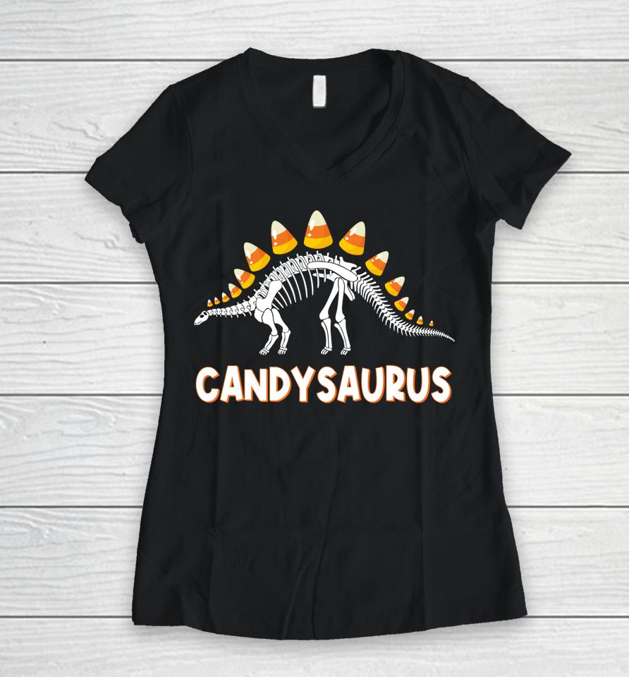 Candysaurus Candy Corn Dinosaur Halloween Women V-Neck T-Shirt