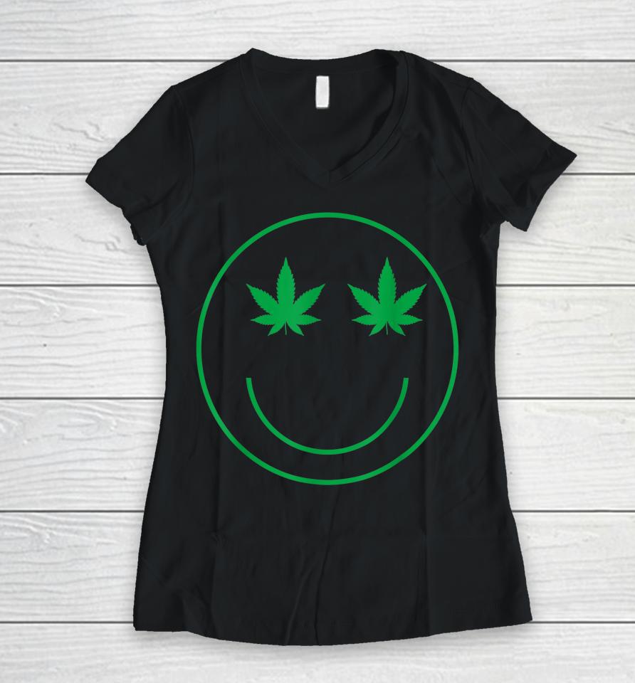 Cannabis Smile Green Cool 420 Marijuana Funny Weed Women V-Neck T-Shirt