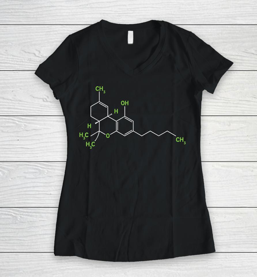 Cannabis Weed Pot Molecule Thc Marijuana Stoner Gift Women V-Neck T-Shirt