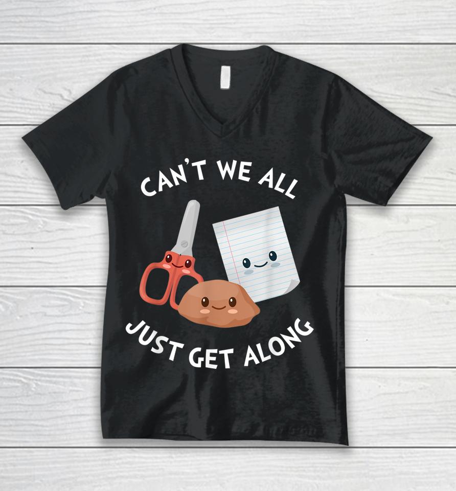 Can't We All Just Get Along – Funny Rock Paper Scissors Unisex V-Neck T-Shirt