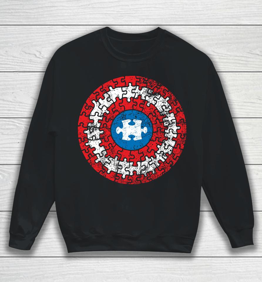 Captain Autism Aspergers Awareness Superhero Puzzle Shield Sweatshirt