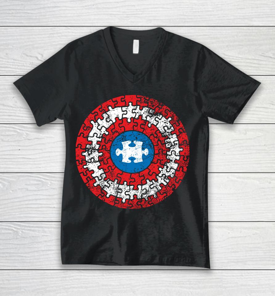 Captain Autism Aspergers Awareness Superhero Puzzle Shield Unisex V-Neck T-Shirt