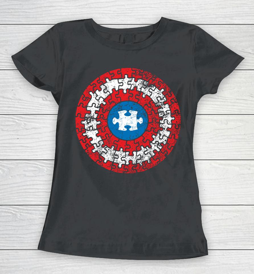 Captain Autism Aspergers Awareness Superhero Puzzle Shield Women T-Shirt