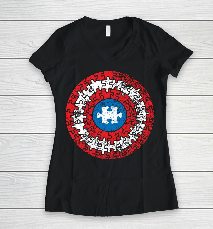 Captain Autism Aspergers Awareness Superhero Puzzle Shield Women V-Neck T-Shirt