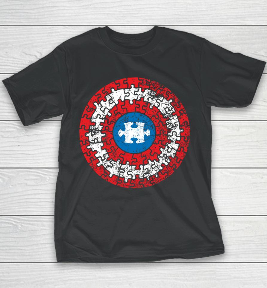 Captain Autism Aspergers Awareness Superhero Puzzle Shield Youth T-Shirt
