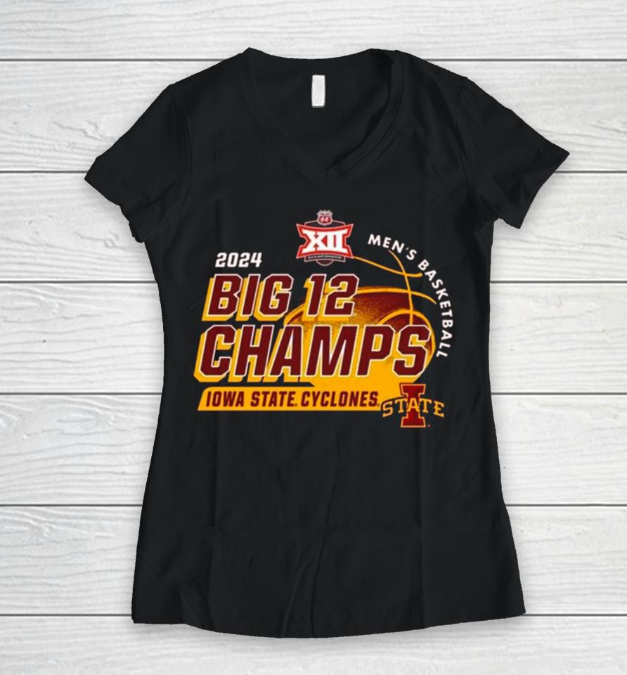 Cardinal Iowa State Cyclones 2024 Big 12 Men’s Basketball Conference Tournament Champions Locker Room Women V-Neck T-Shirt