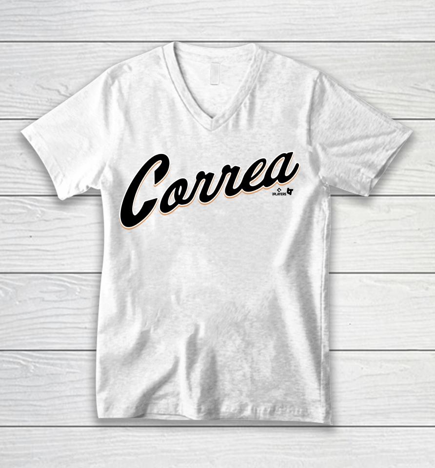 Carlos Correa San Francisco Correa Script Unisex V-Neck T-Shirt