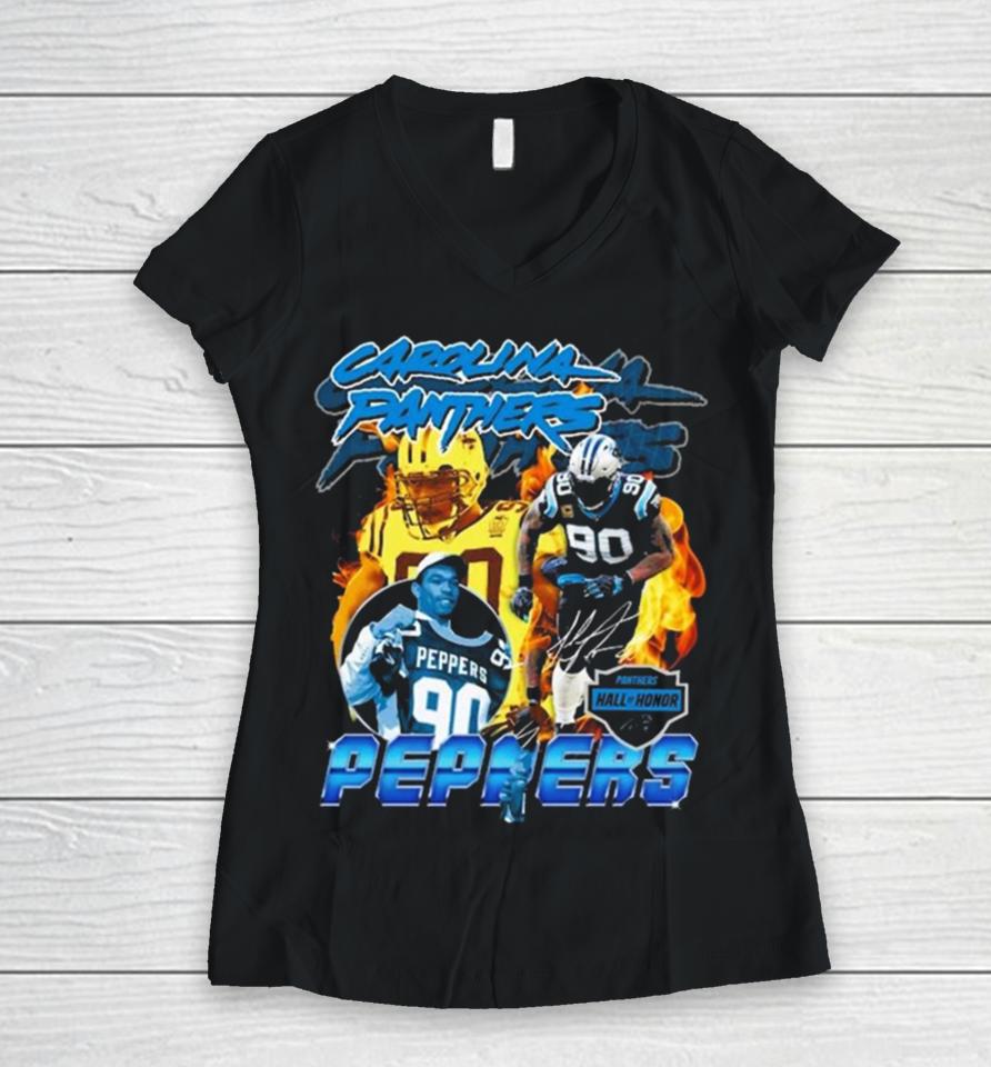 Carolina Panthers Julius Peppers Mitchell And Ness 2023 Hall Of Honor Signature Women V-Neck T-Shirt