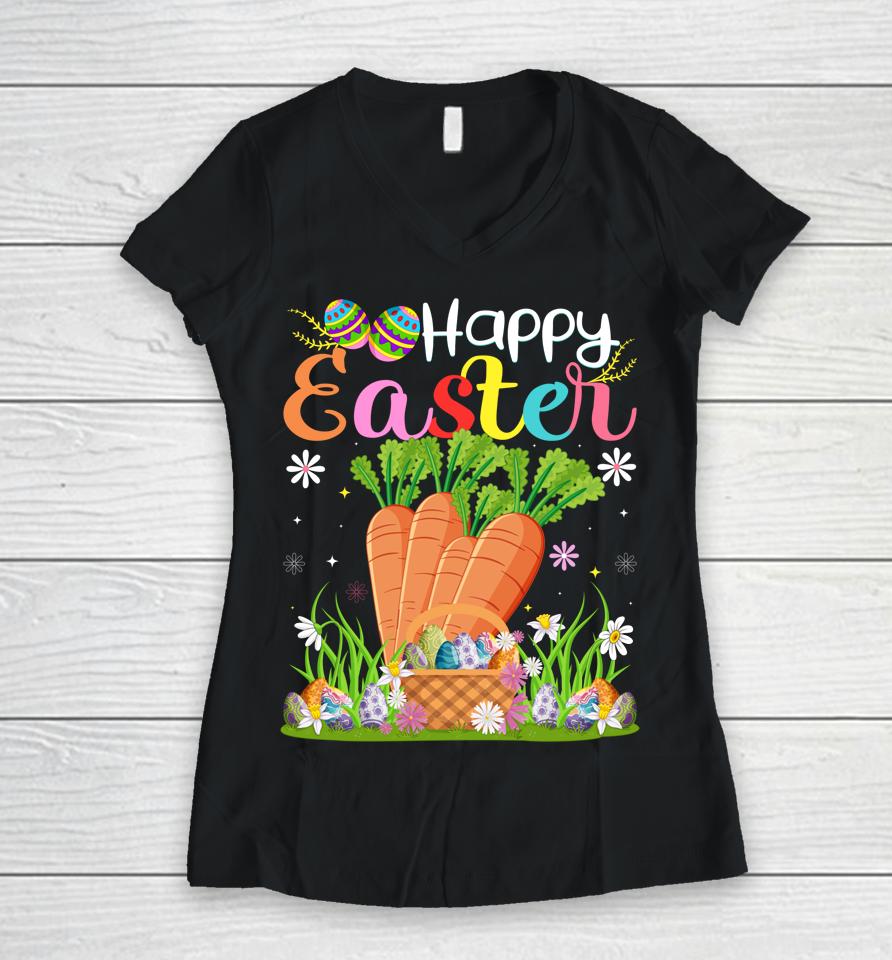 Carrot Bunny Egg Hunting Funny Carrot Happy Easter Women V-Neck T-Shirt