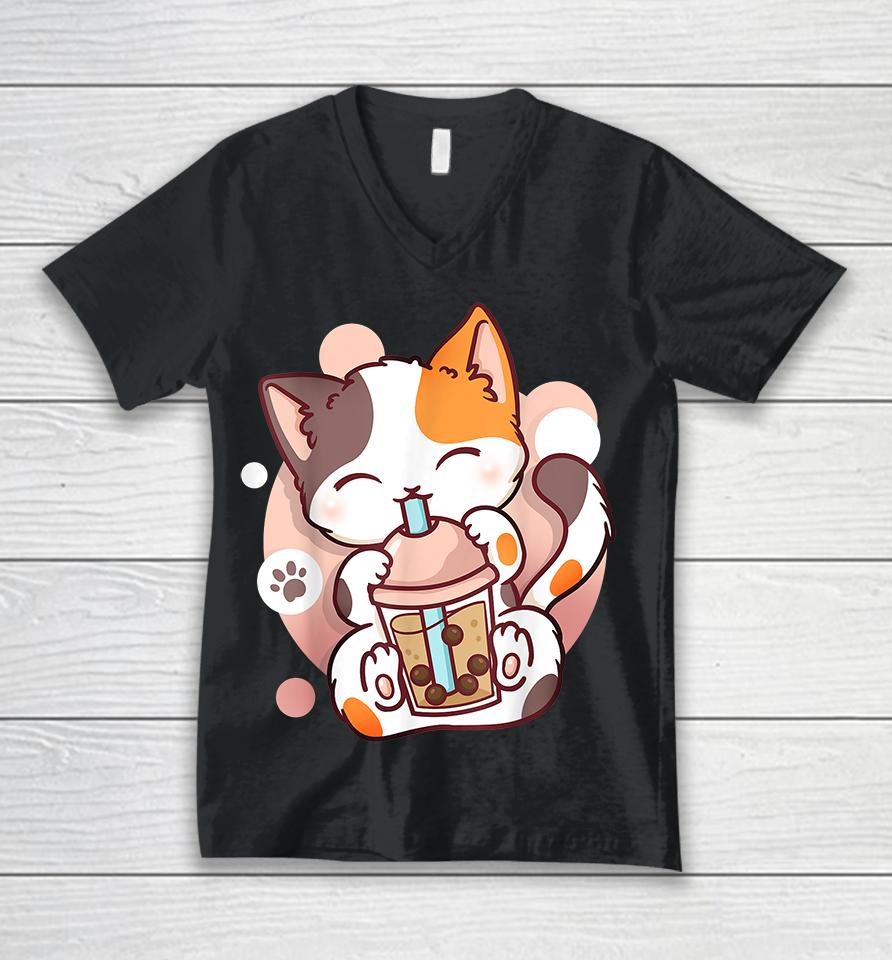 Cat Boba Tea Bubble Tea Anime Kawaii Neko Unisex V-Neck T-Shirt
