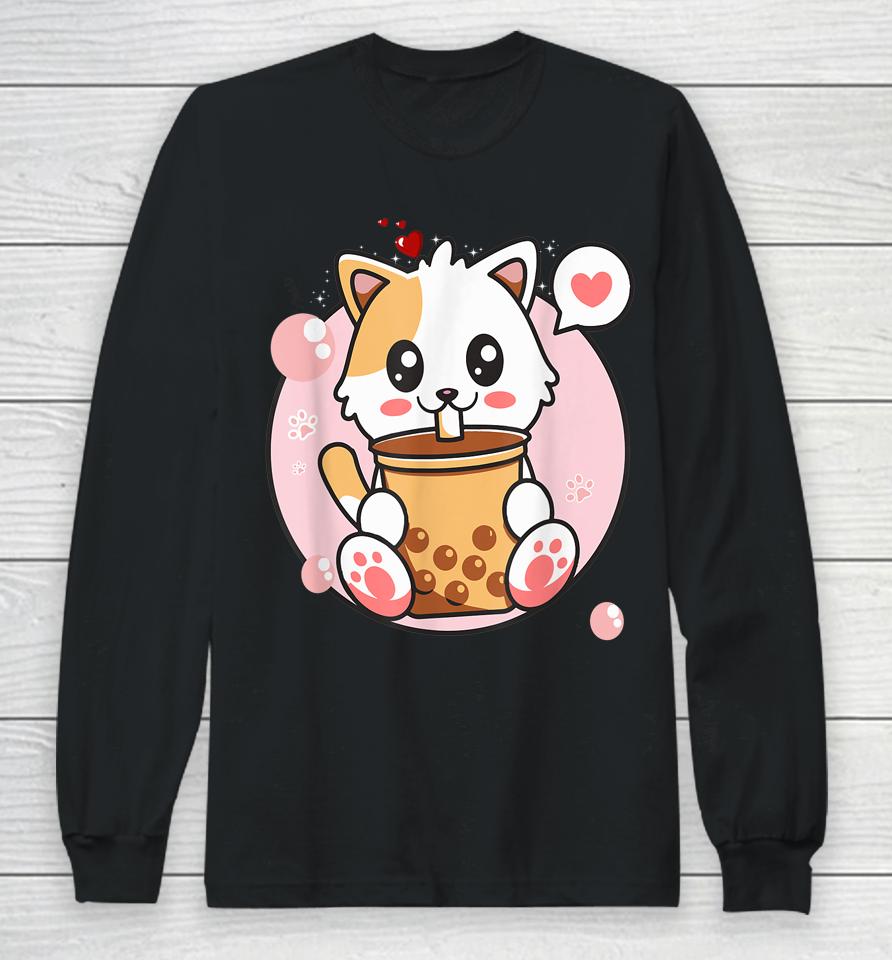 Cat Boba Tea Bubble Tea Kawaii Anime Japanese Girl Long Sleeve T-Shirt