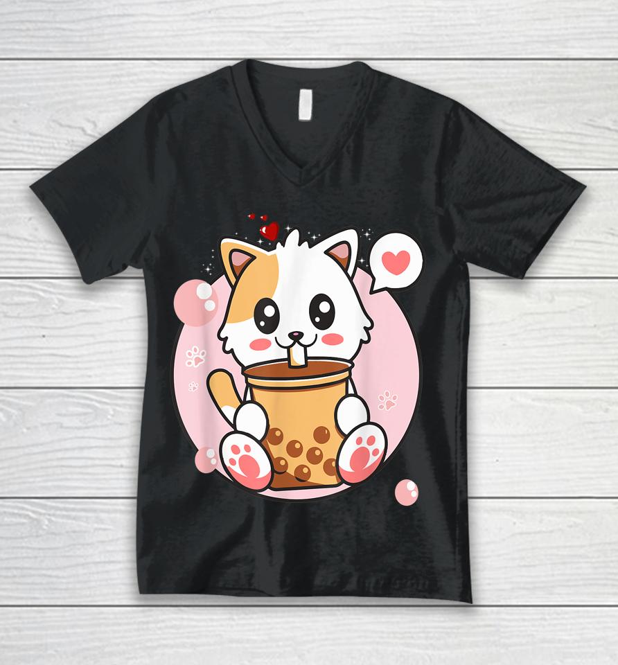 Cat Boba Tea Bubble Tea Kawaii Anime Japanese Girl Unisex V-Neck T-Shirt