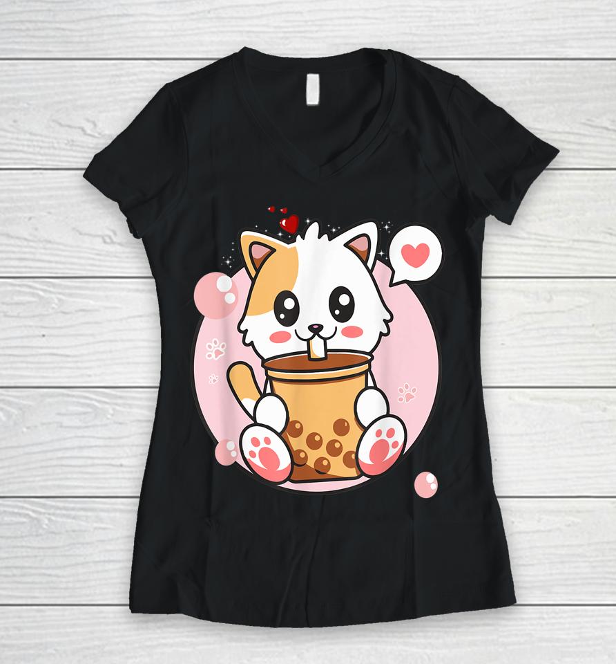 Cat Boba Tea Bubble Tea Kawaii Anime Japanese Girl Women V-Neck T-Shirt
