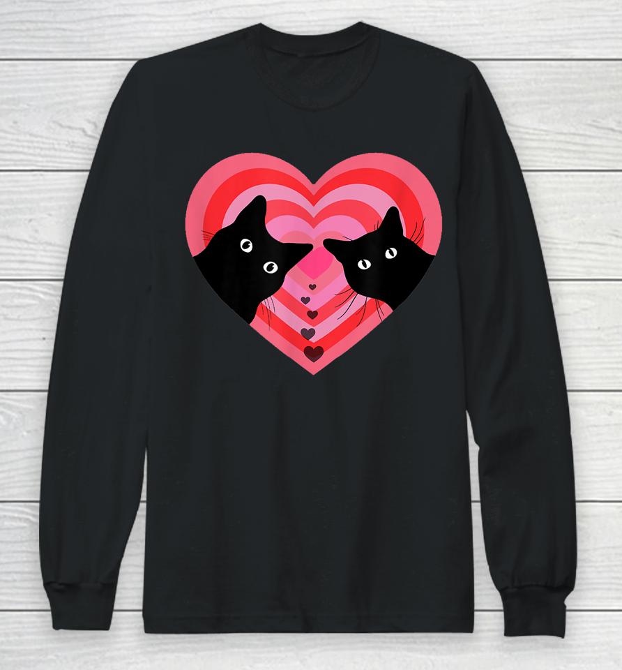Cat Couple Retro Vintage Black Cat Valentine's Day Long Sleeve T-Shirt