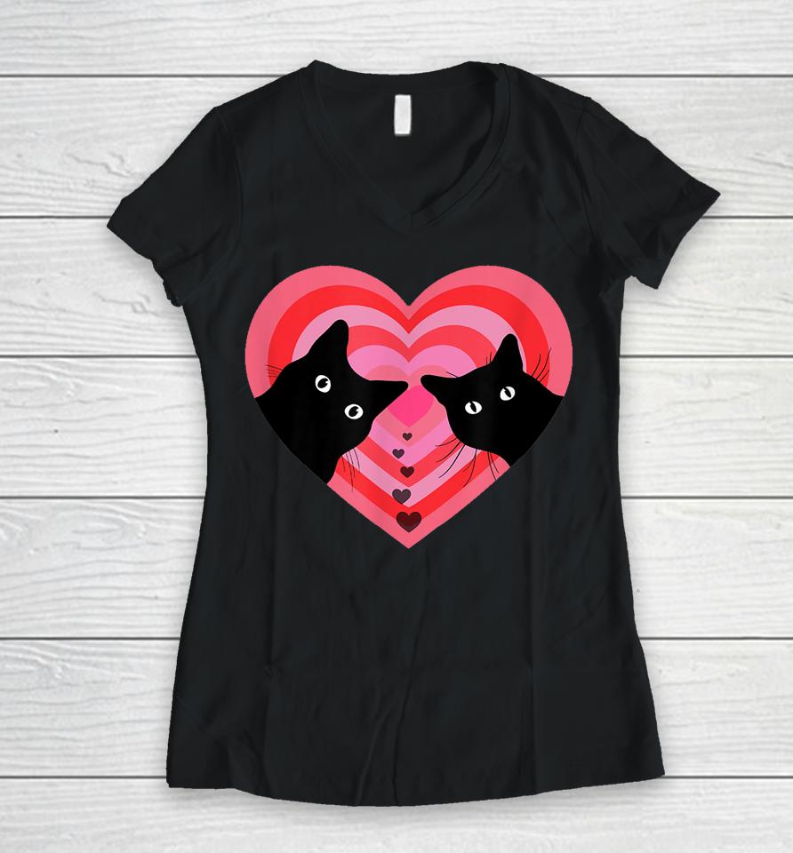Cat Couple Retro Vintage Black Cat Valentine's Day Women V-Neck T-Shirt