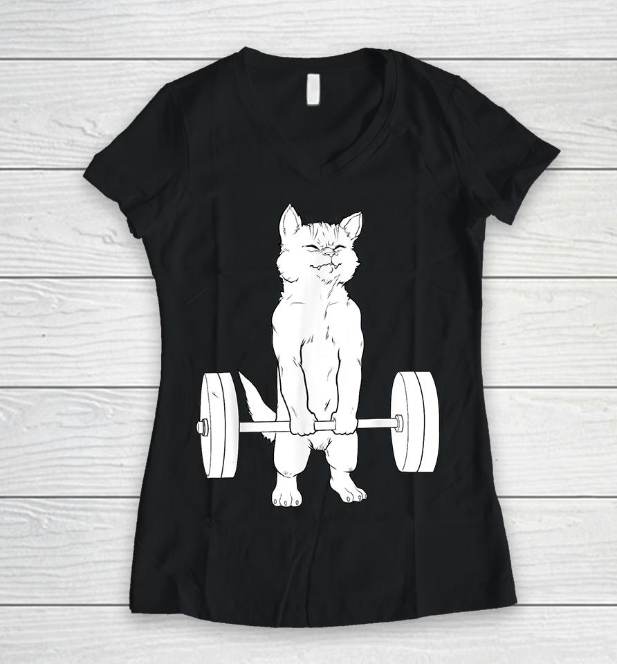 Cat Deadlift Powerlifting Women V-Neck T-Shirt