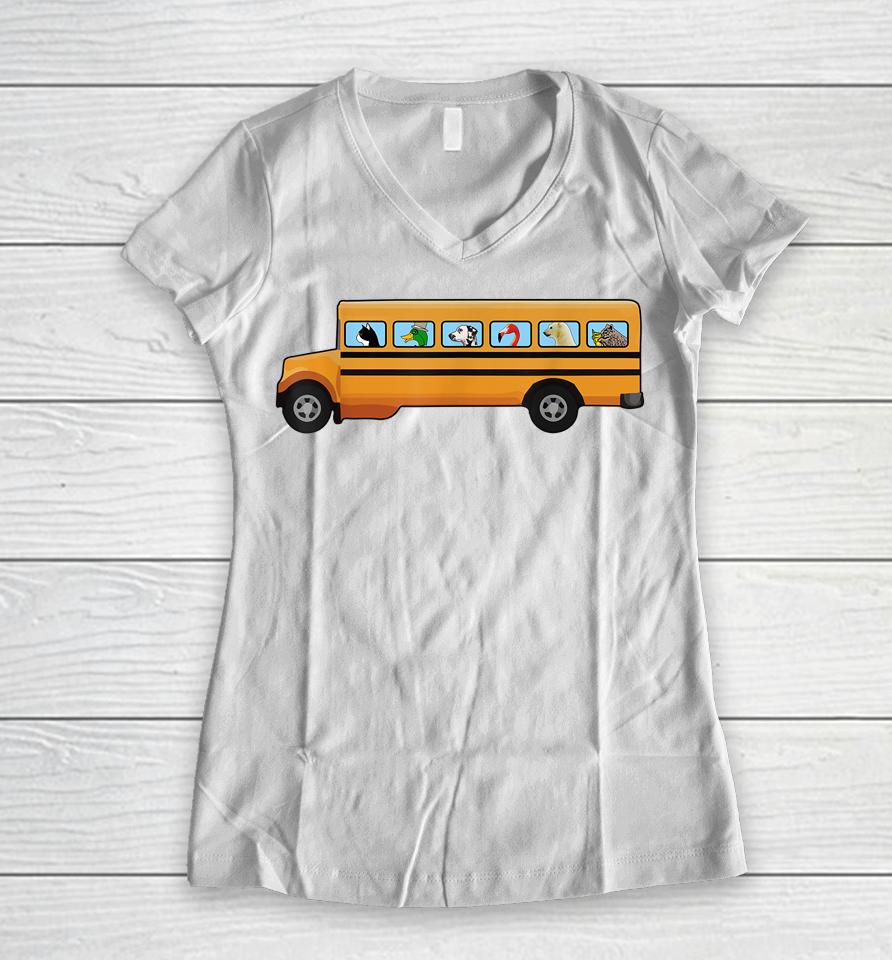 Cat Dog And Duck In A School Bus Funny Women V-Neck T-Shirt