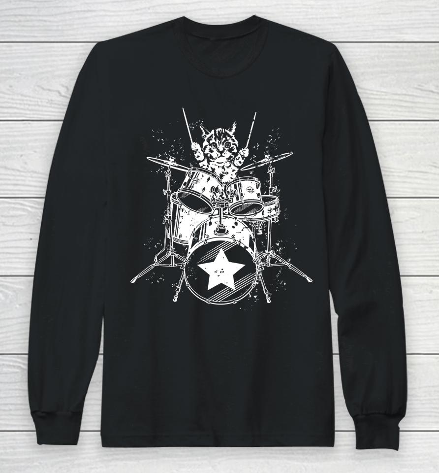 Cat Drummer Playing Drums Graphic Long Sleeve T-Shirt