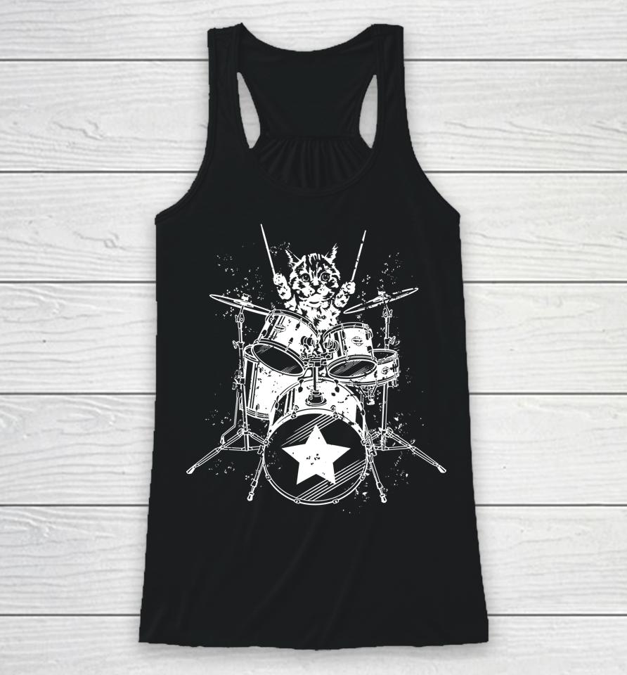 Cat Drummer Playing Drums Graphic Racerback Tank