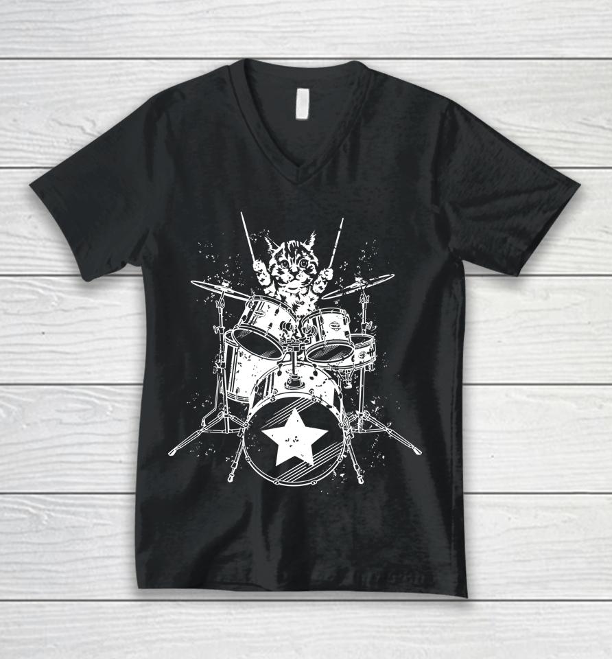 Cat Drummer Playing Drums Graphic Unisex V-Neck T-Shirt