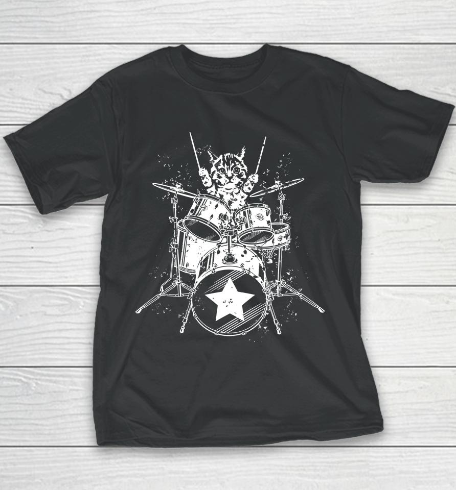 Cat Drummer Playing Drums Graphic Youth T-Shirt
