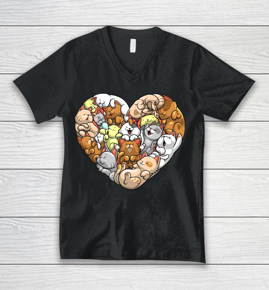 Cat Heart Valentine Day Cat Lover Kitten Unisex V-Neck T-Shirt