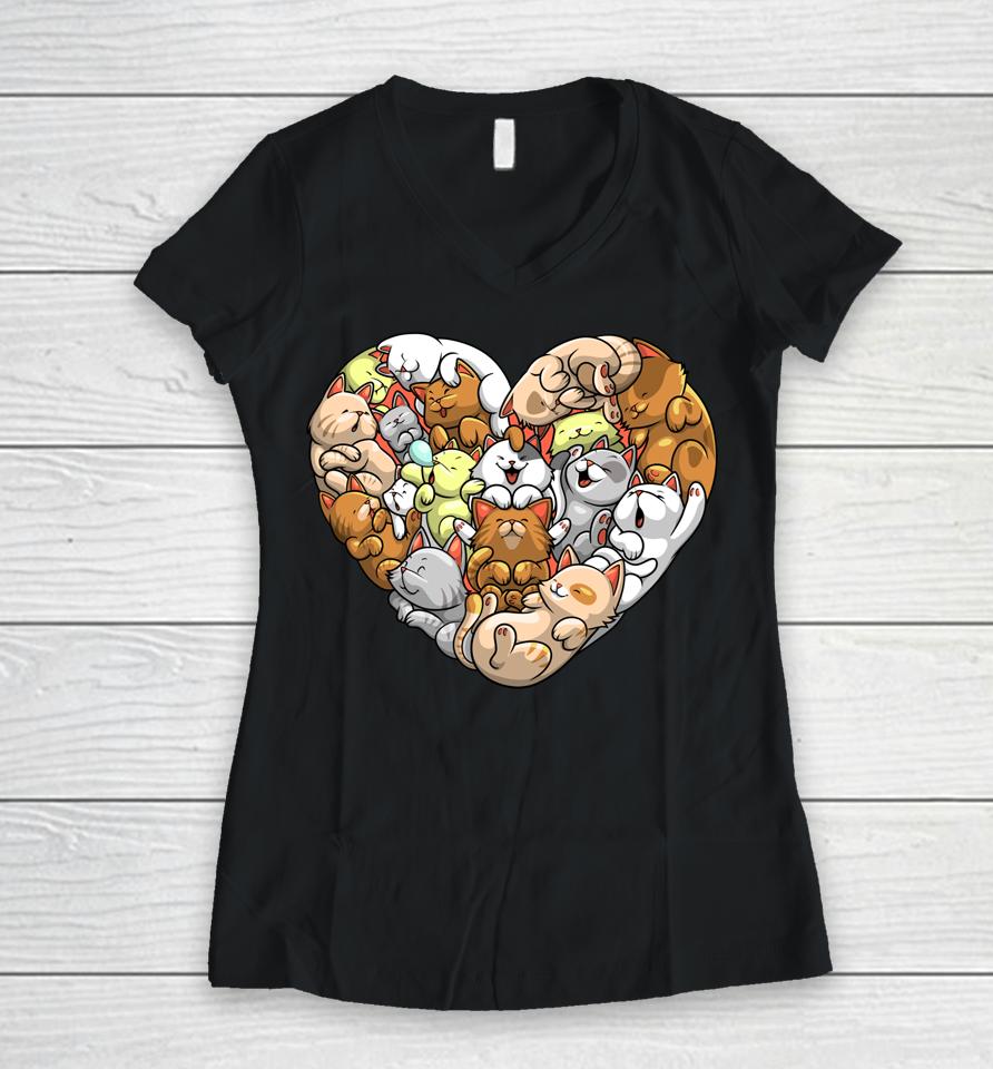 Cat Heart Valentine Day Cat Lover Kitten Women V-Neck T-Shirt
