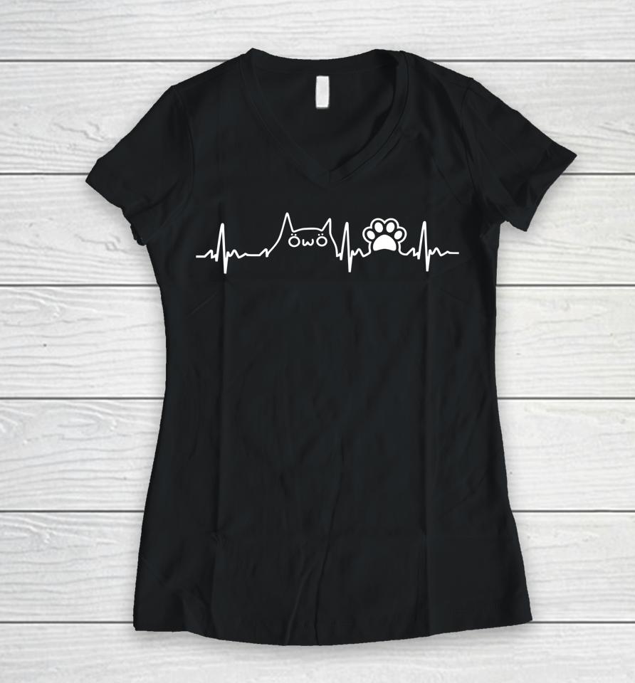 Cat Heartbeat Love Cats Funny Cat Lover, Cat Dad, Cat Mom Women V-Neck T-Shirt