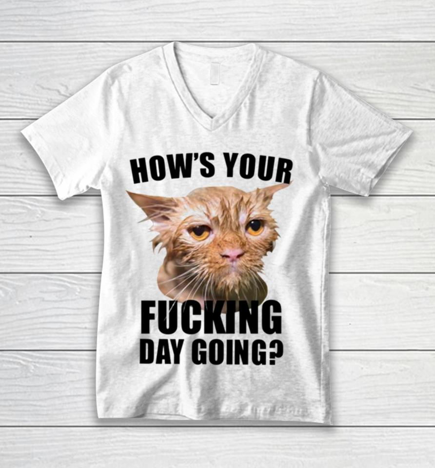 Cat Hows Your Fucking Day Going Unisex V-Neck T-Shirt