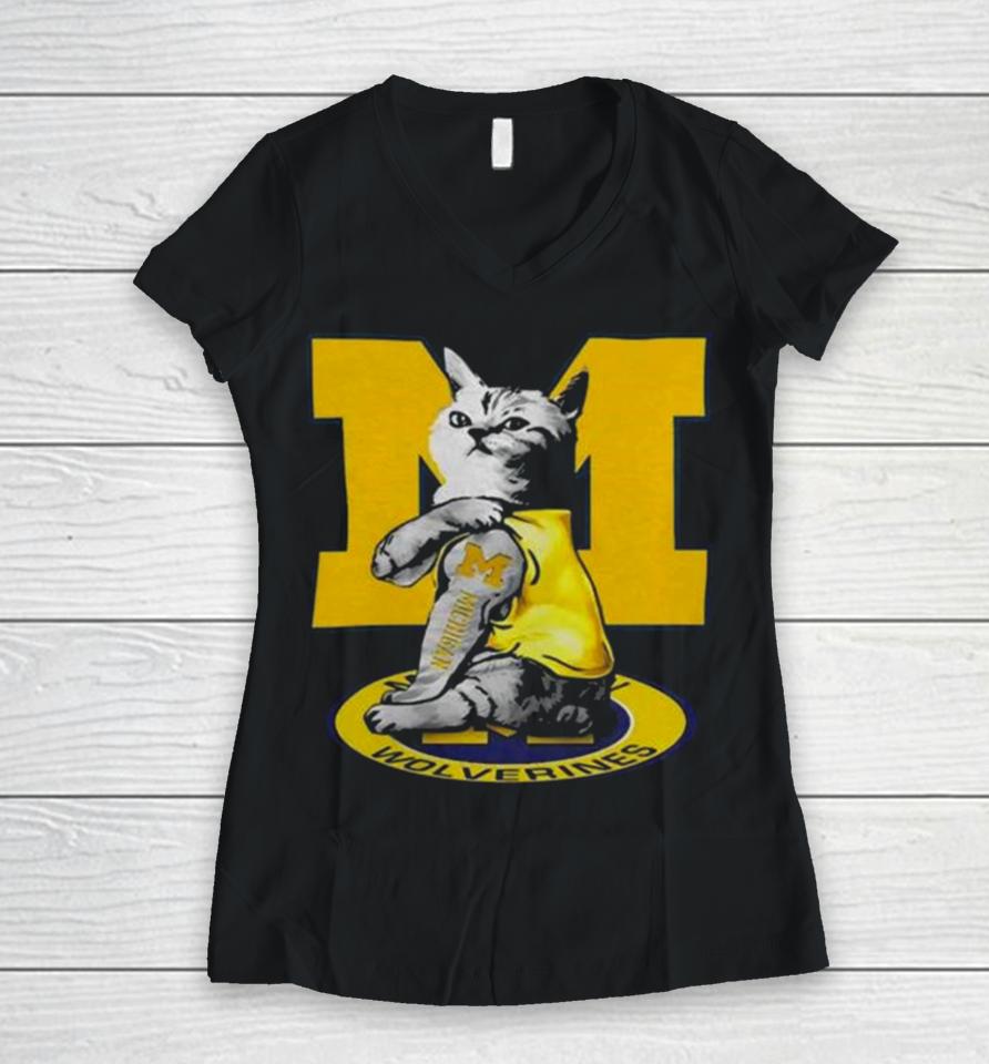Cat I Love Michigan Wolverines 2024 Women V-Neck T-Shirt
