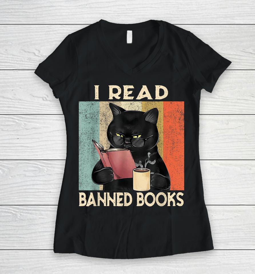 Cat I Read Banned Books Women V-Neck T-Shirt