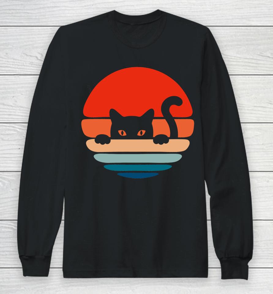 Cat Kitten Meme Vintage Retro Sunset Peeping Curious Long Sleeve T-Shirt