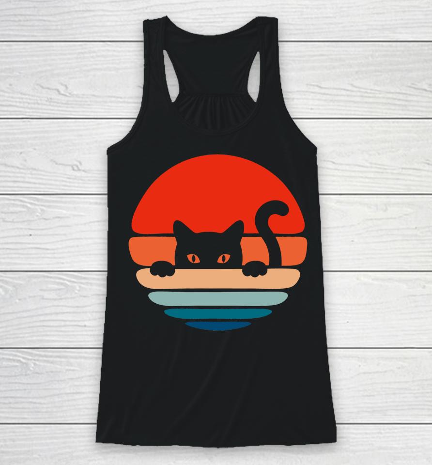Cat Kitten Meme Vintage Retro Sunset Peeping Curious Racerback Tank