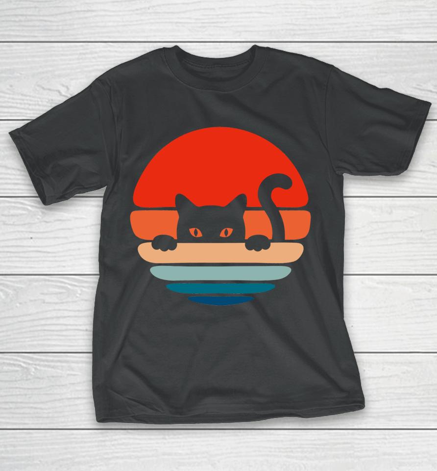 Cat Kitten Meme Vintage Retro Sunset Peeping Curious T-Shirt