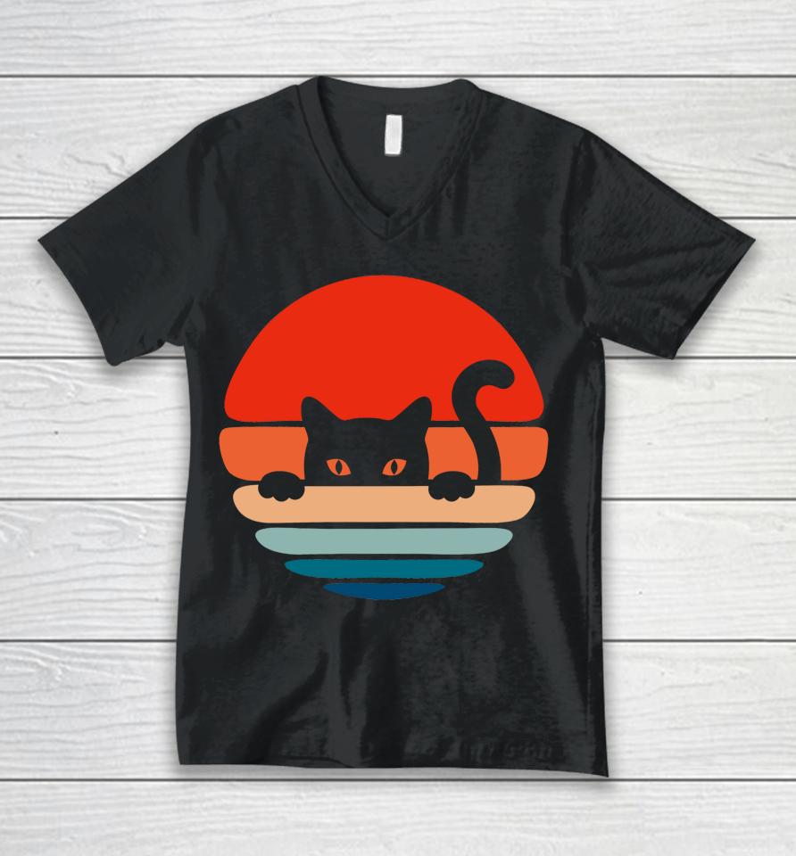 Cat Kitten Meme Vintage Retro Sunset Peeping Curious Unisex V-Neck T-Shirt