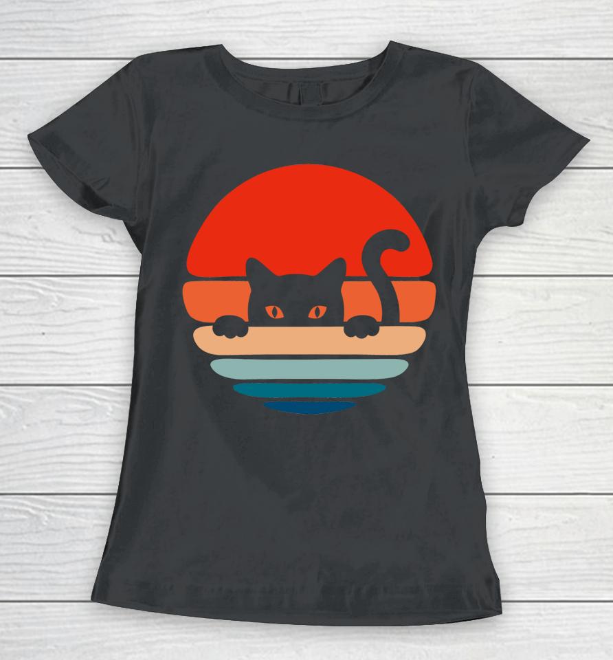 Cat Kitten Meme Vintage Retro Sunset Peeping Curious Women T-Shirt