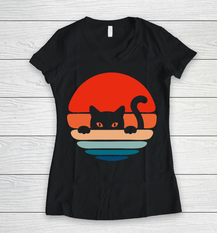 Cat Kitten Meme Vintage Retro Sunset Peeping Curious Women V-Neck T-Shirt