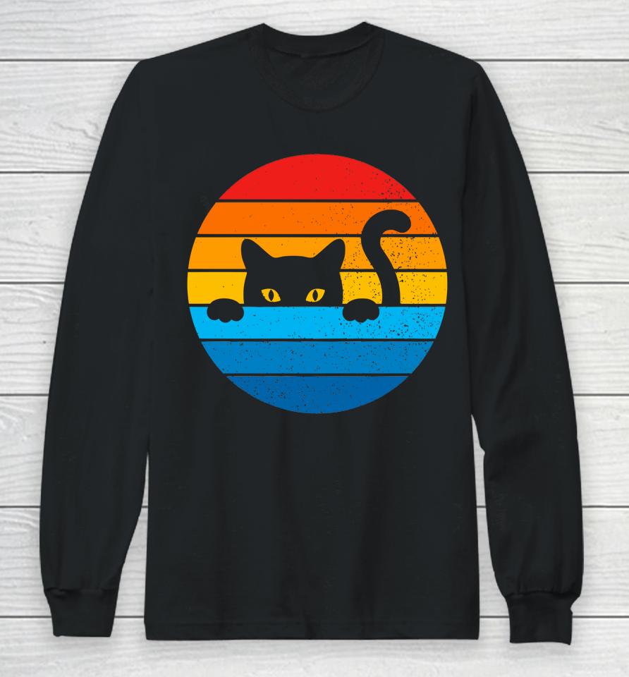 Cat Kitten Meme Vintage Retro Sunset Peeping Curious Long Sleeve T-Shirt