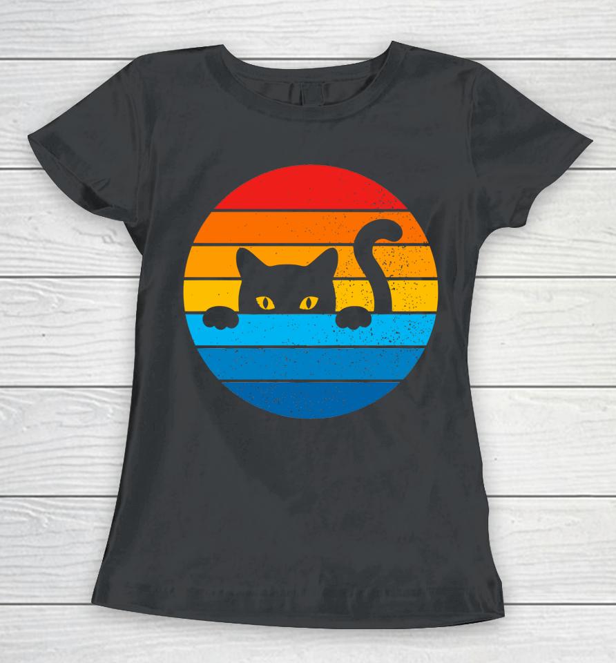 Cat Kitten Meme Vintage Retro Sunset Peeping Curious Women T-Shirt