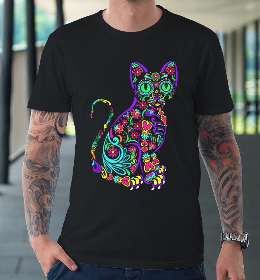 Cat Kitty Kitten Paws Sugar Skull Calavera Halloween Gato Premium T-Shirt