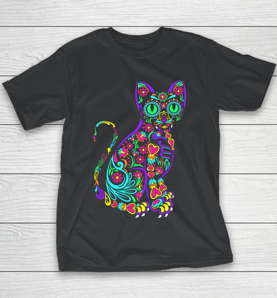 Cat Kitty Kitten Paws Sugar Skull Calavera Halloween Gato Youth T-Shirt